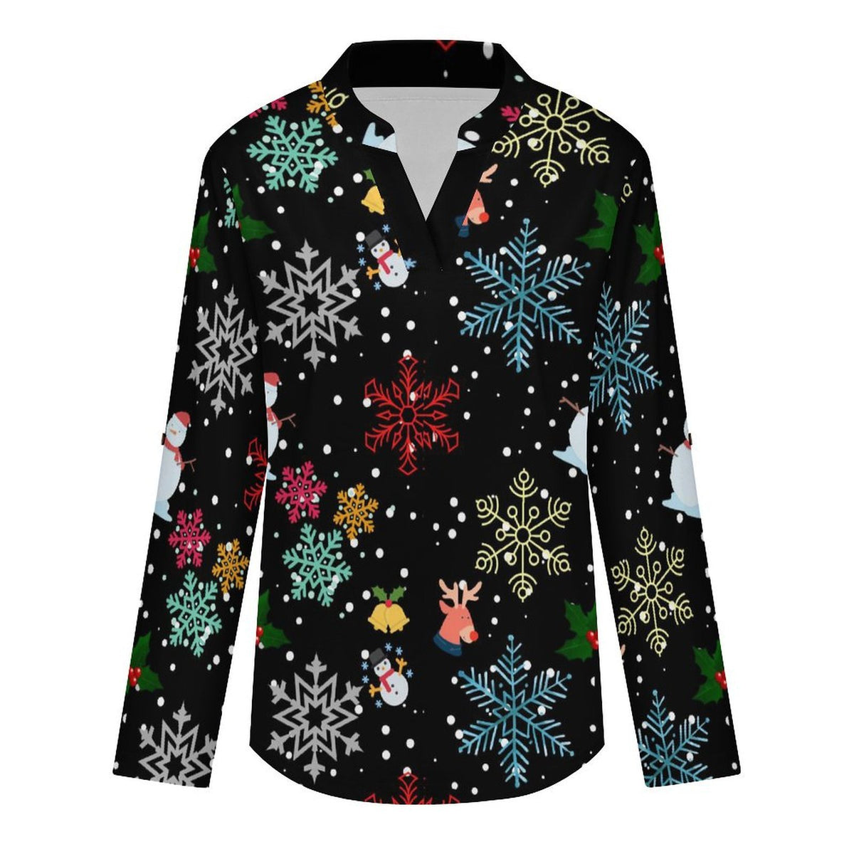 Black, Snowflakes, Santa Claus  Versatile Notched V-Neck Tunic | Roll Tab 3/4 Sleeve Office Casual Top