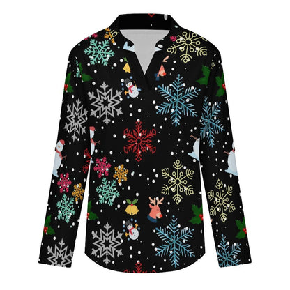 Black, Snowflakes, Santa Claus  Versatile Notched V-Neck Tunic | Roll Tab 3/4 Sleeve Office Casual Top