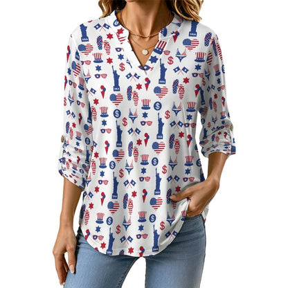Statue of Liberty, Flag, Blue Stars, Stripes Roll Tab 3/4 Sleeve Notched V Neck Tunic Blouse