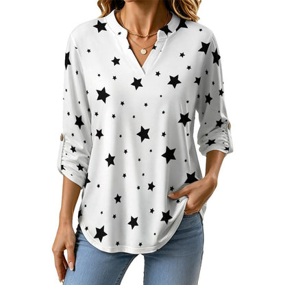 Star Pattern  Versatile Notched V-Neck Tunic | Roll Tab 3/4 Sleeve Office Casual Top