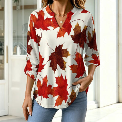 Stand-up Collar Long-sleeved Shirt Leaf Plant Pattern white SWomen’s V-Neck Blouses
