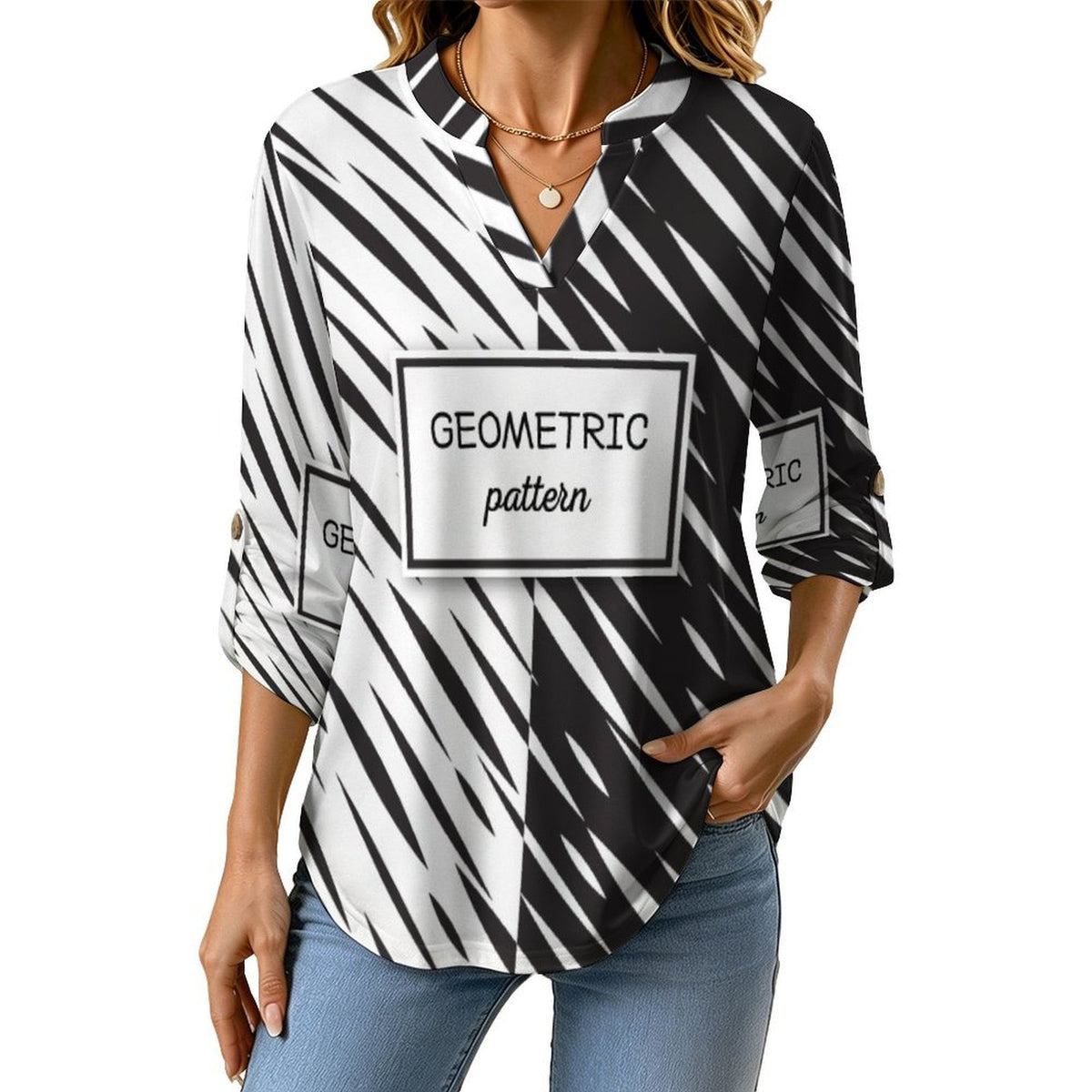 Black And White Twill Roll Tab 3/4 Sleeve Notched V Neck Tunic Blouse