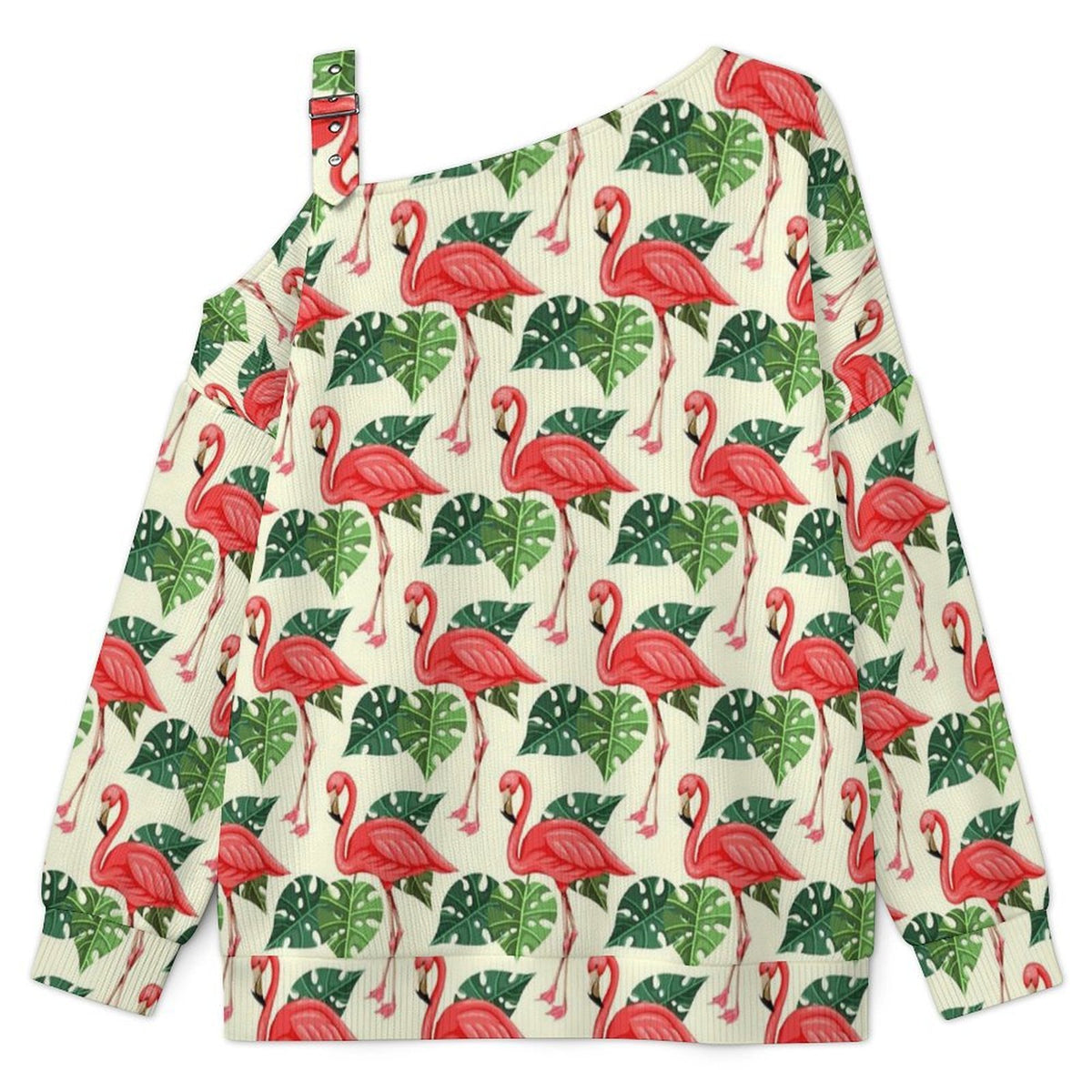 Flamingo, Repeating Pattern Fall Casual Asymmetric Shoulder Knit Top with Buckle Detail