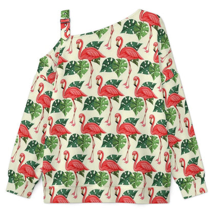 Flamingo, Repeating Pattern Fall Casual Asymmetric Shoulder Knit Top with Buckle Detail