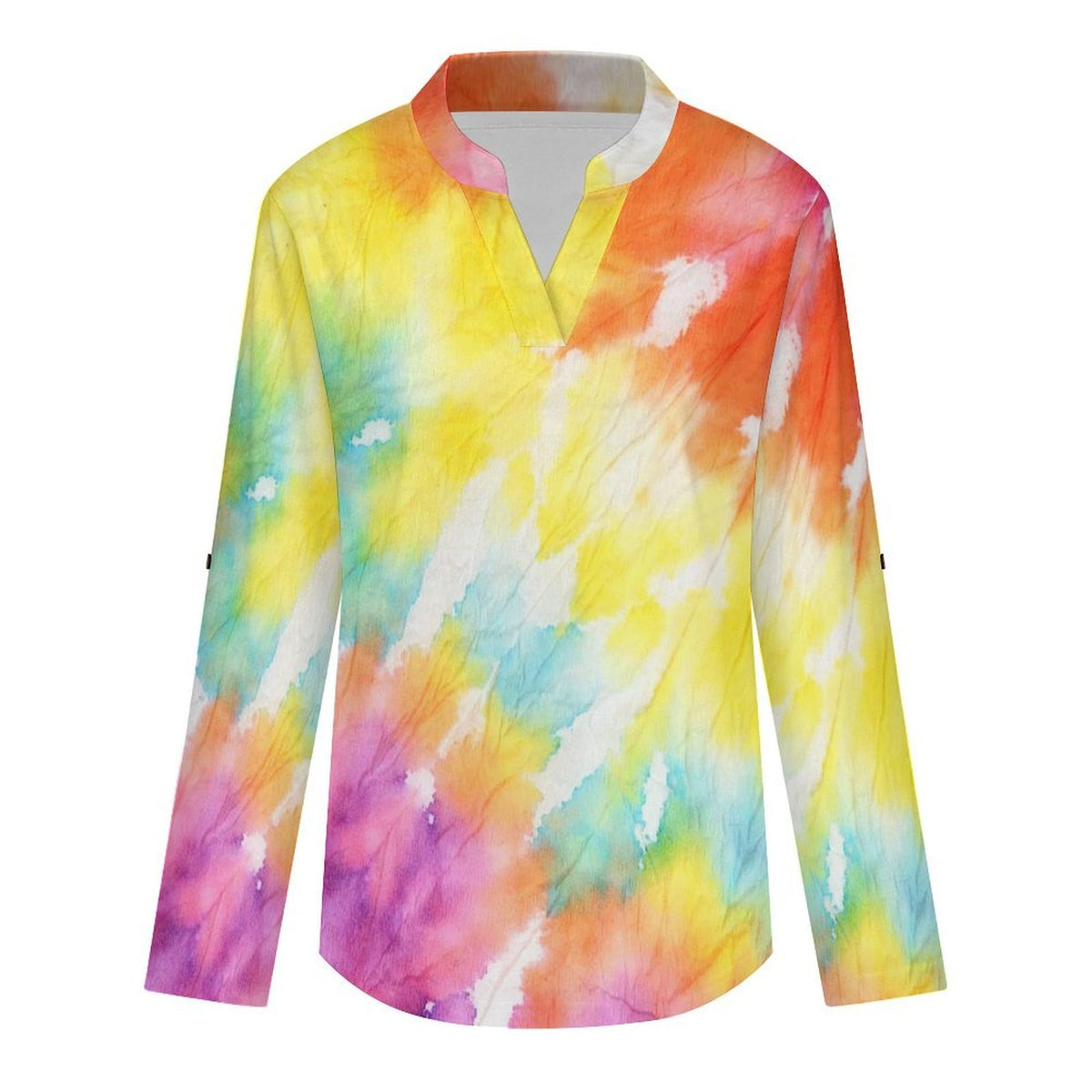 Tie Dyed Pattern Roll Tab 3/4 Sleeve Notched V Neck Tunic Blouse