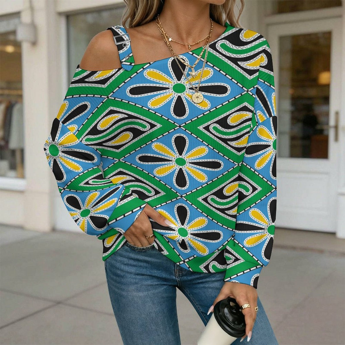 Off-the-shoulder Sweater Floral Pattern  Asymmetric Cold Shoulder Knit Sweater for Women, Adjustable Buckle Strap Long Sleeve Casual Slouchy Pullover