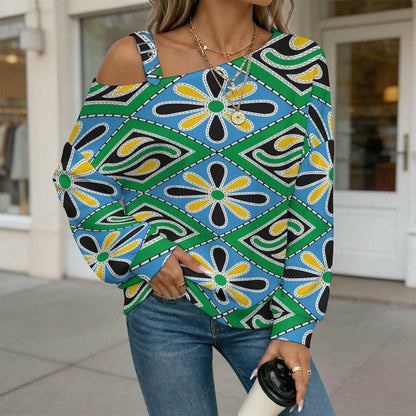 Off-the-shoulder Sweater Floral Pattern  Asymmetric Cold Shoulder Knit Sweater for Women, Adjustable Buckle Strap Long Sleeve Casual Slouchy Pullover