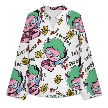 Stand-up Collar Long-sleeved Shirt Octopus Graffiti Pattern white SWomen’s V-Neck Blouses