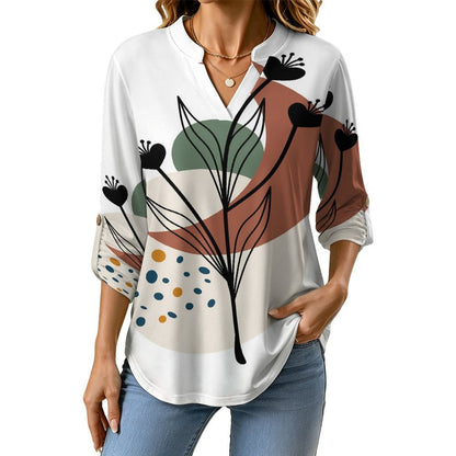 Chinese Wind Scenery  Versatile Notched V-Neck Tunic | Roll Tab 3/4 Sleeve Office Casual Top