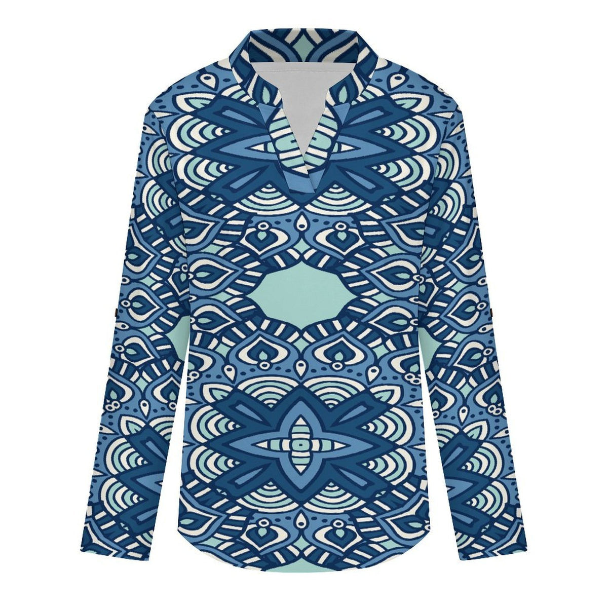 Blue Retro Pattern  Versatile Notched V-Neck Tunic | Roll Tab 3/4 Sleeve Office Casual Top