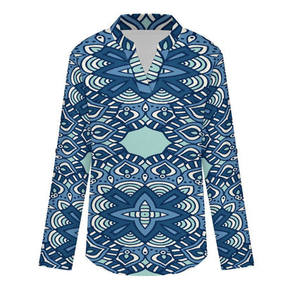 Blue Retro Pattern  Versatile Notched V-Neck Tunic | Roll Tab 3/4 Sleeve Office Casual Top