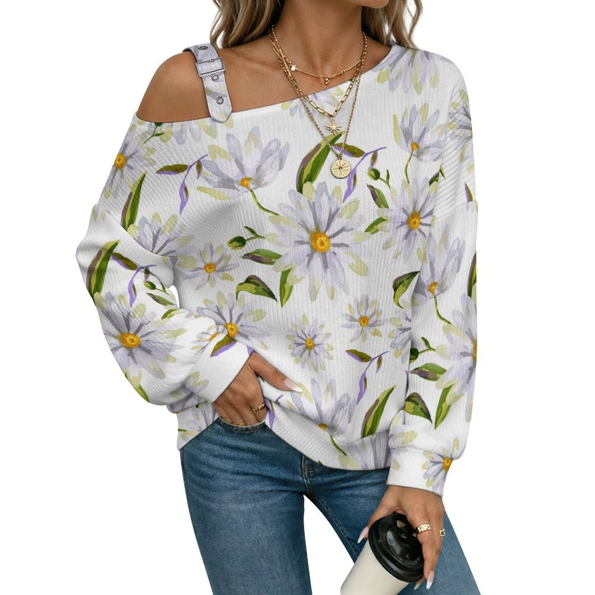 Off-the-shoulder Sweater Elegant Purple Flowers, Pattern Design  Asymmetric Cold Shoulder Knit Sweater for Women, Adjustable Buckle Strap Long Sleeve Casual Slouchy Pullover