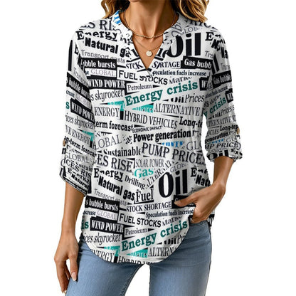 Stand-up Collar Long-sleeved Shirt Newspaper, Repeating Pattern  Customization Women’s V-Neck Blouses,long Sleeve,Roll-Up Sleeve Shirt