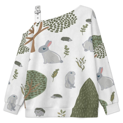 Off-the-shoulder Sweater Cartoon Rabbit  Asymmetric Cold Shoulder Knit Sweater for Women, Adjustable Buckle Strap Long Sleeve Casual Slouchy Pullover
