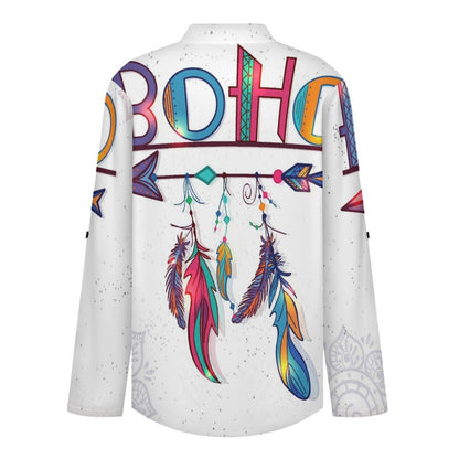 Stand-up Collar Long-sleeved Shirt Boho Style  Customization Women’s V-Neck Blouses,long Sleeve,Roll-Up Sleeve Shirt