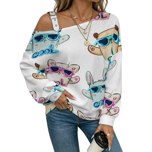 Off-the-shoulder Sweater Cartoon Animals in Glasses  Asymmetric Cold Shoulder Knit Sweater for Women, Adjustable Buckle Strap Long Sleeve Casual Slouchy Pullover