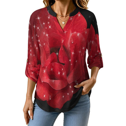 Stand-up Collar Long-sleeved Shirt Red Roses  Customization Women’s V-Neck Blouses,long Sleeve,Roll-Up Sleeve Shirt
