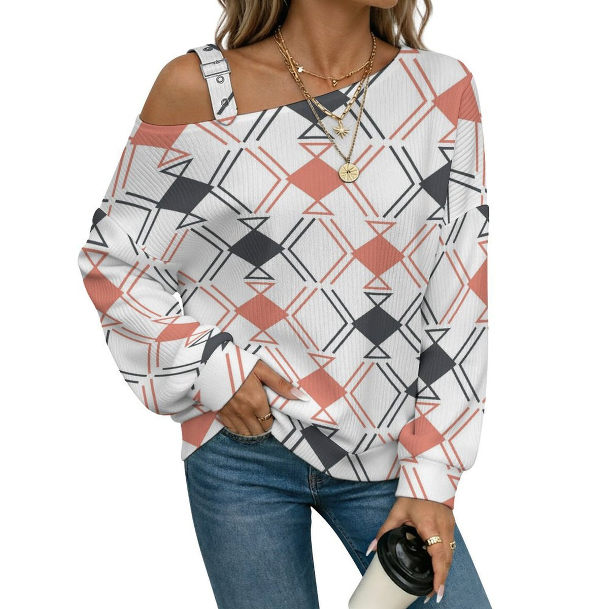 Off-the-shoulder Sweater Diamond Pattern  Asymmetric Cold Shoulder Knit Sweater for Women, Adjustable Buckle Strap Long Sleeve Casual Slouchy Pullover