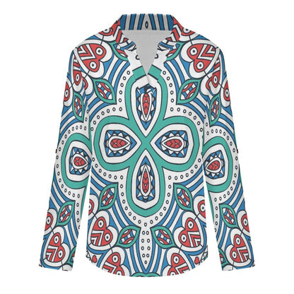 Stand-up Collar Long-sleeved Shirt Chinese Style Repeating Pattern  Customization Women’s V-Neck Blouses,long Sleeve,Roll-Up Sleeve Shirt