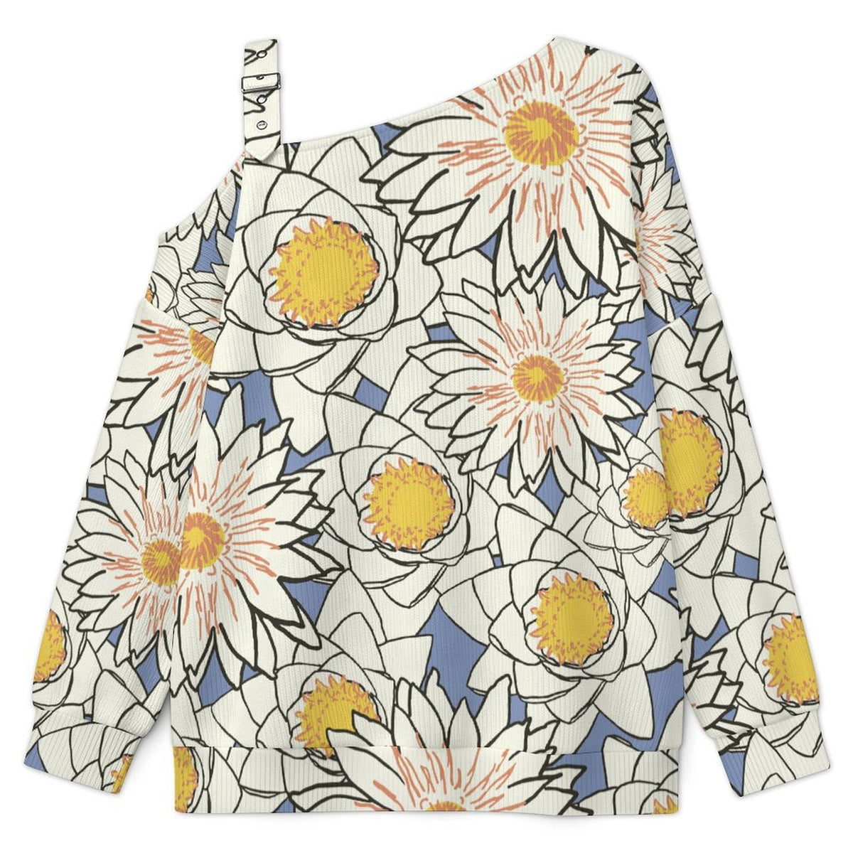 Buckle Strap Asymmetrical Off Shoulder Knit Sweater Flowers