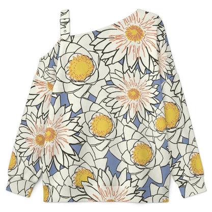 Buckle Strap Asymmetrical Off Shoulder Knit Sweater Flowers
