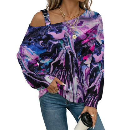 Off-the-shoulder Sweater Color Shading, Pattern, Abstract  Asymmetric Cold Shoulder Knit Sweater for Women, Adjustable Buckle Strap Long Sleeve Casual Slouchy Pullover