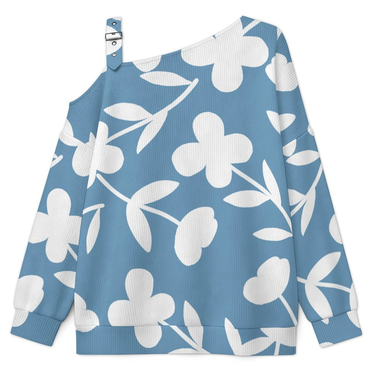 Off-the-shoulder Sweater Blue Flower Tile Decorative Pattern  Asymmetric Cold Shoulder Knit Sweater for Women, Adjustable Buckle Strap Long Sleeve Casual Slouchy Pullover