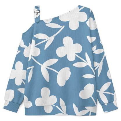 Off-the-shoulder Sweater Blue Flower Tile Decorative Pattern  Asymmetric Cold Shoulder Knit Sweater for Women, Adjustable Buckle Strap Long Sleeve Casual Slouchy Pullover