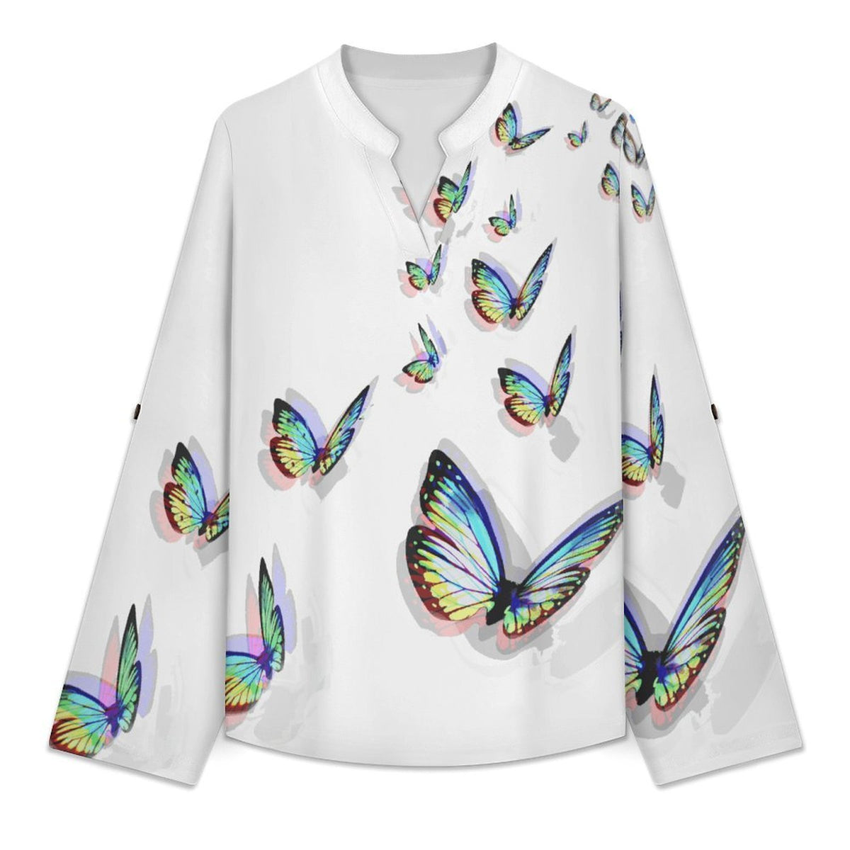 Stand-up Collar Long-sleeved Shirt Colorful Butterfly  Customization Women’s V-Neck Blouses,long Sleeve,Roll-Up Sleeve Shirt