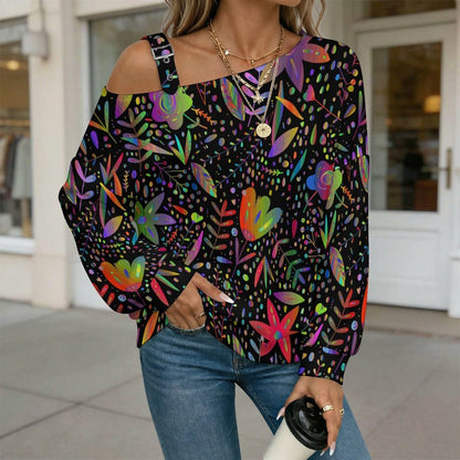 Off-the-shoulder SweaterColorful Flowers Women’s Off-Shoulder Knit Sweater