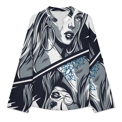 Stand-up Collar Long-sleeved Shirt Skeleton, Queen, Up And Down  Customization Women’s V-Neck Blouses,long Sleeve,Roll-Up Sleeve Shirt