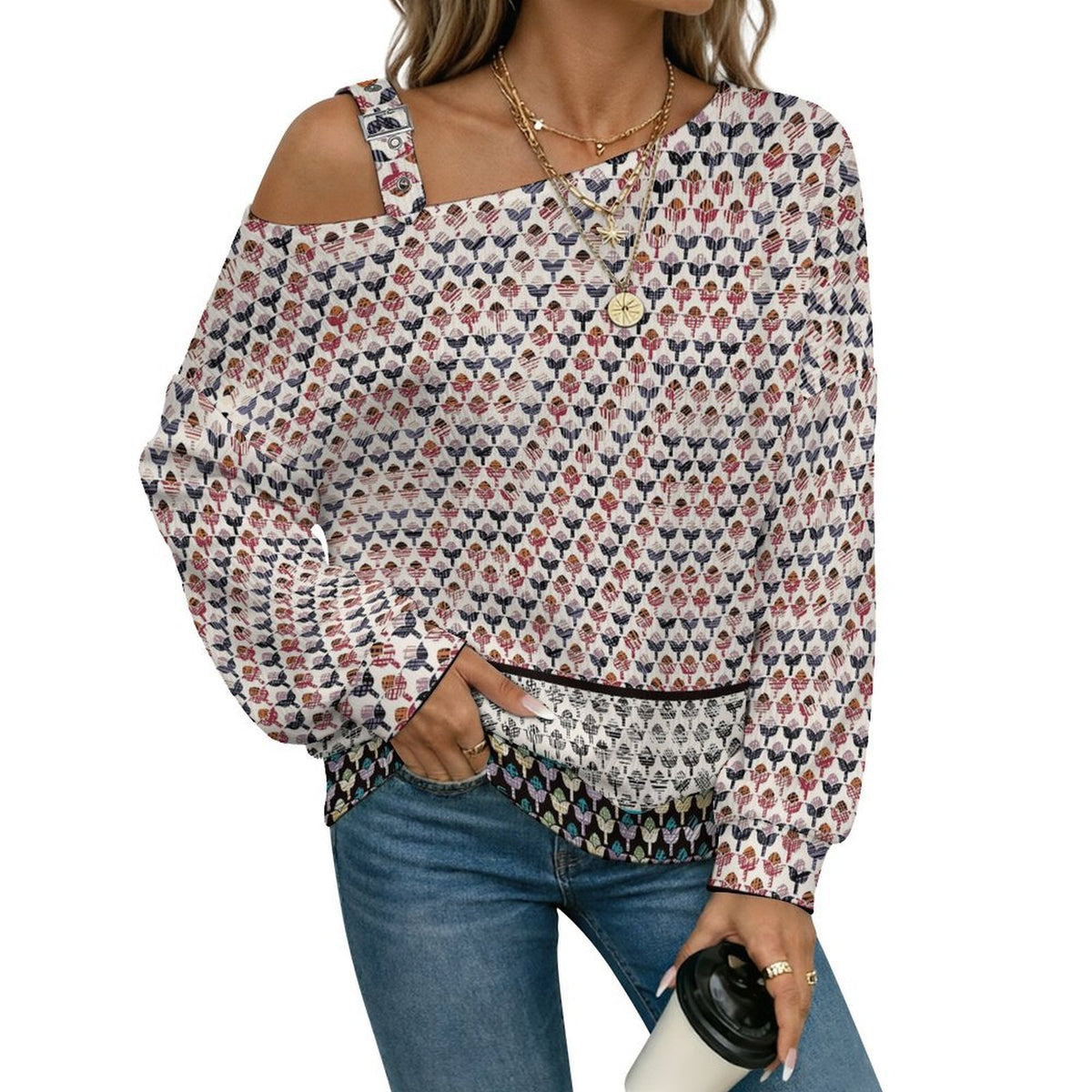 Off-the-shoulder Sweater European Retro Pattern  Asymmetric Cold Shoulder Knit Sweater for Women, Adjustable Buckle Strap Long Sleeve Casual Slouchy Pullover