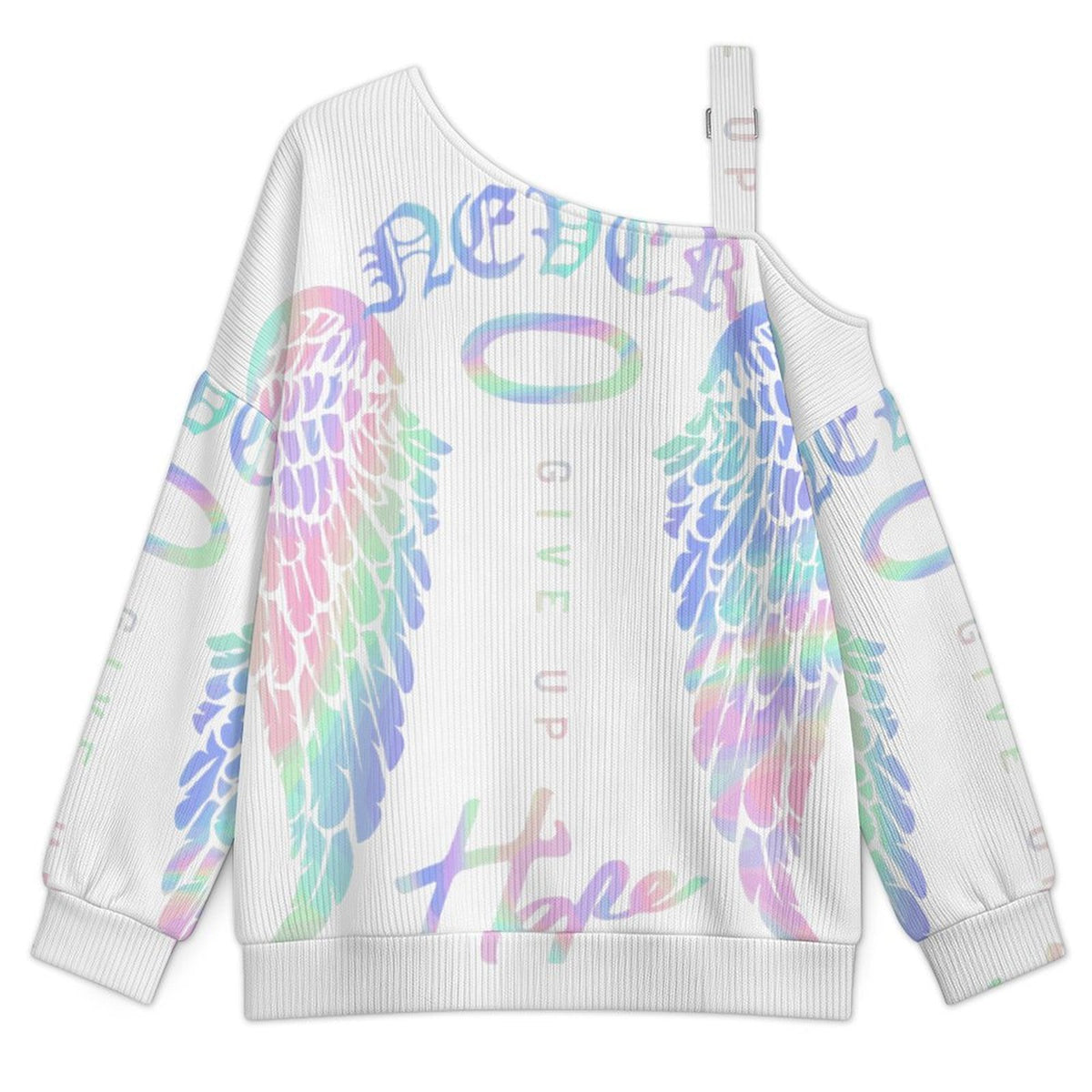 Fall Casual Asymmetric Shoulder Knit Top with Buckle Detail Colorful Wings, Hope