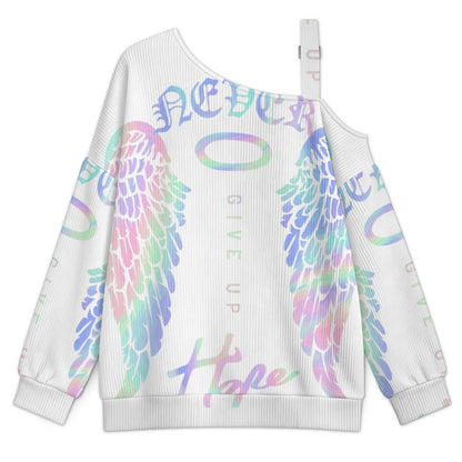 Fall Casual Asymmetric Shoulder Knit Top with Buckle Detail Colorful Wings, Hope