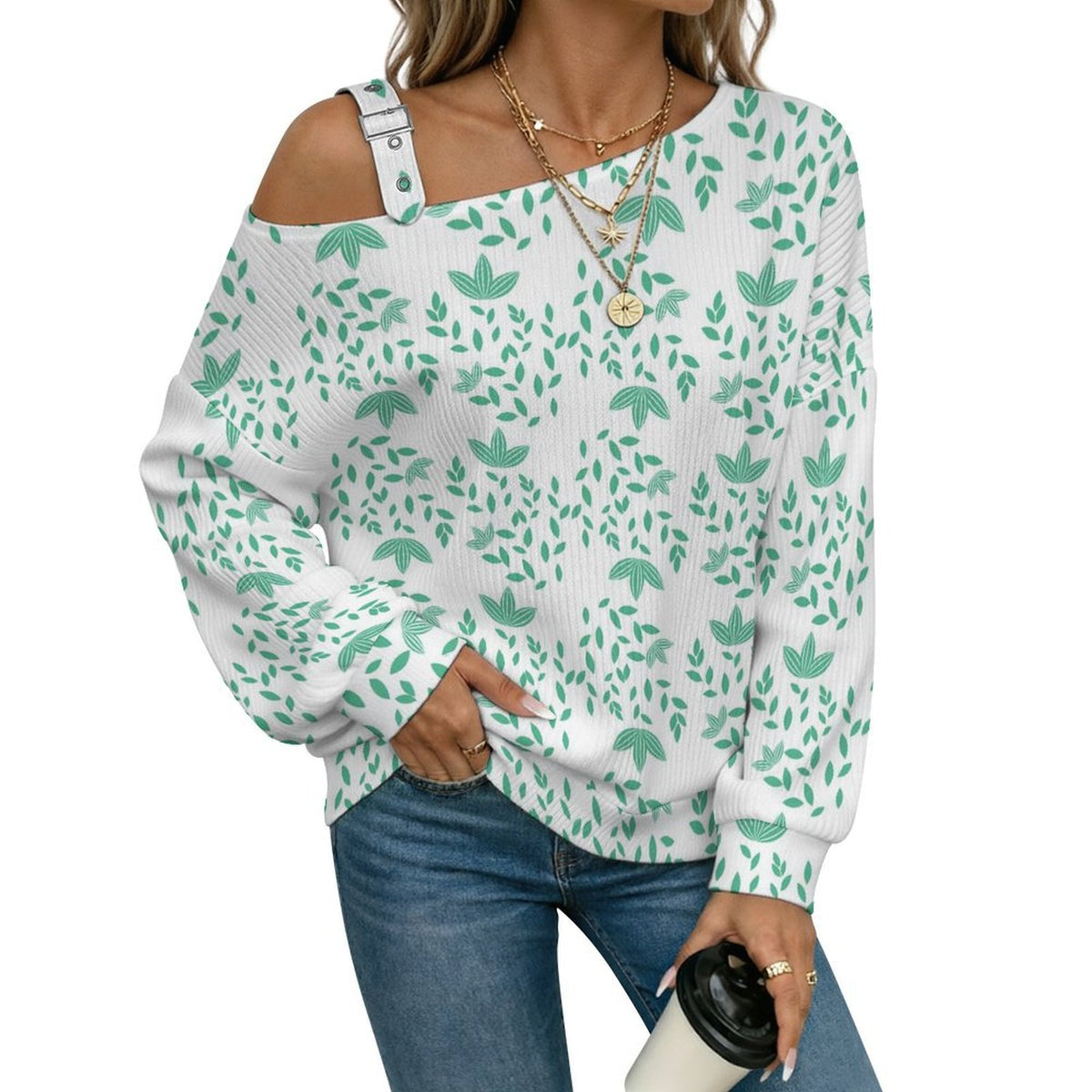 Off-the-shoulder Sweater Green Leaf Pattern Design  Asymmetric Cold Shoulder Knit Sweater for Women, Adjustable Buckle Strap Long Sleeve Casual Slouchy Pullover