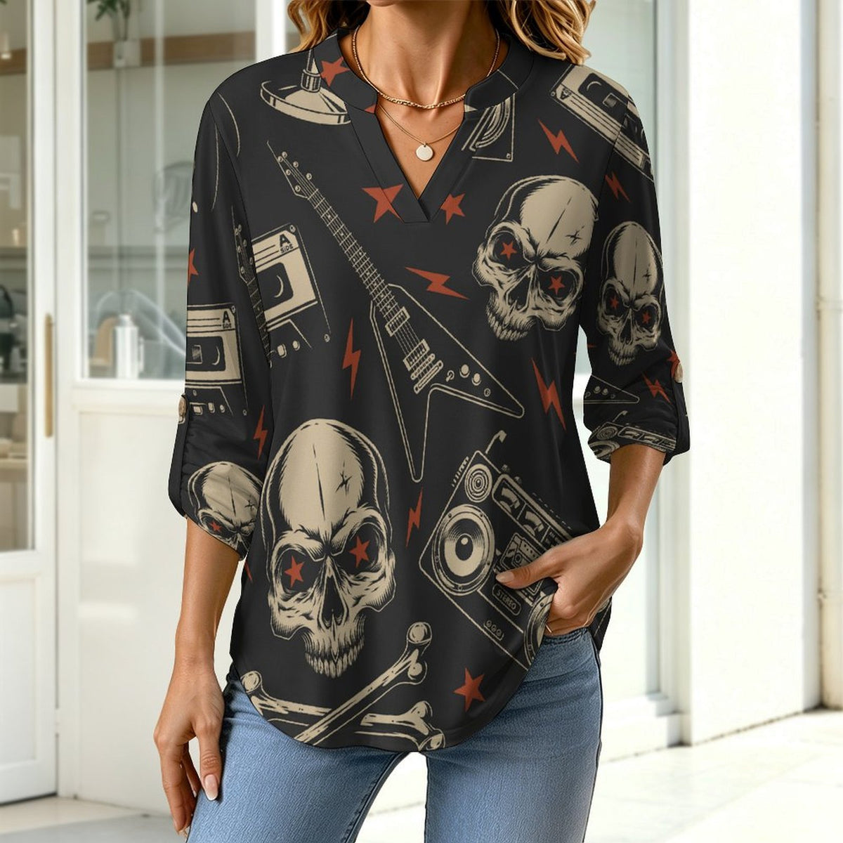 Stand-up Collar Long-sleeved Shirt Retro Skull Pattern, Music  Customization Women’s V-Neck Blouses,long Sleeve,Roll-Up Sleeve Shirt