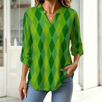 Stand-up Collar Long-sleeved Shirt Green, Rhombic  Customization Women’s V-Neck Blouses,long Sleeve,Roll-Up Sleeve Shirt