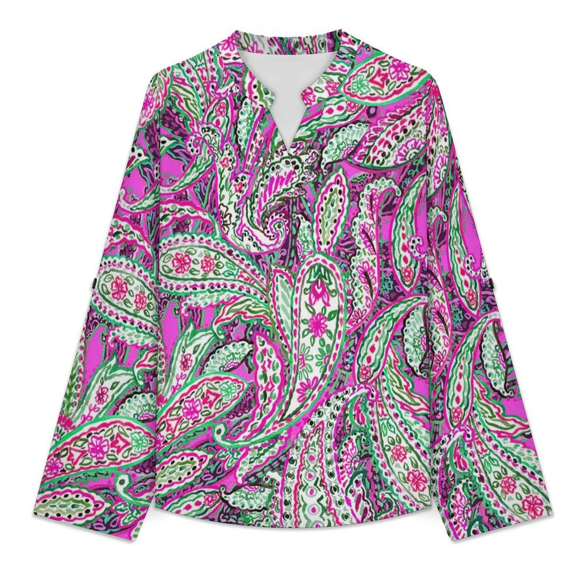 Stand-up Collar Long-sleeved Shirt Paisley  Customization Women’s V-Neck Blouses,long Sleeve,Roll-Up Sleeve Shirt