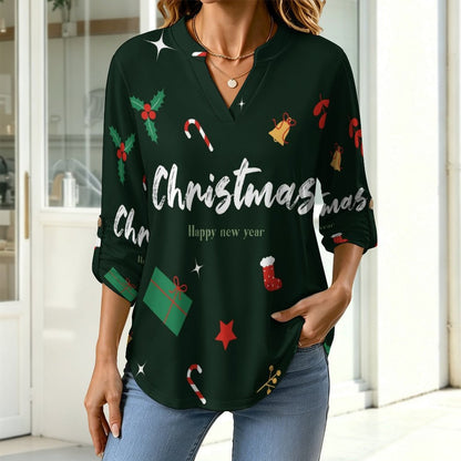 Stand-up Collar Long-sleeved Shirt Christmas Slogn  Customization Women’s V-Neck Blouses,long Sleeve,Roll-Up Sleeve Shirt