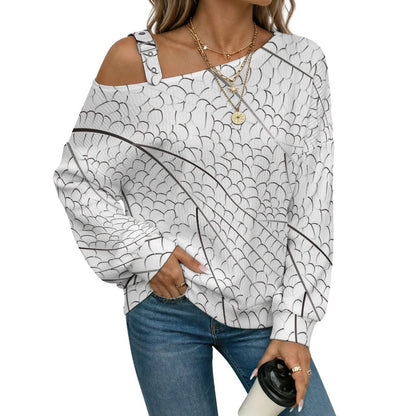 Off-the-shoulder Sweater Branches, Lines  Asymmetric Cold Shoulder Knit Sweater for Women, Adjustable Buckle Strap Long Sleeve Casual Slouchy Pullover