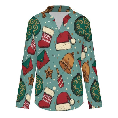 Stand-up Collar Long-sleeved Shirt Merry Christmas  Customization Women’s V-Neck Blouses,long Sleeve,Roll-Up Sleeve Shirt