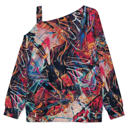 Off-the-shoulder Sweater Abstract, Graffiti  Asymmetric Cold Shoulder Knit Sweater for Women, Adjustable Buckle Strap Long Sleeve Casual Slouchy Pullover