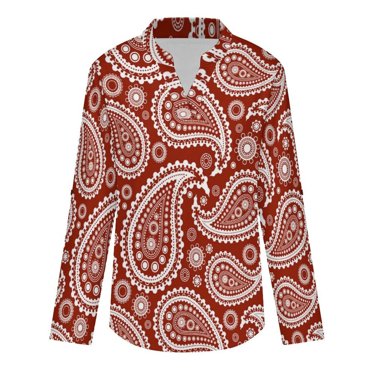 Stand-up Collar Long-sleeved Shirt Paisley  Customization Women’s V-Neck Blouses,long Sleeve,Roll-Up Sleeve Shirt