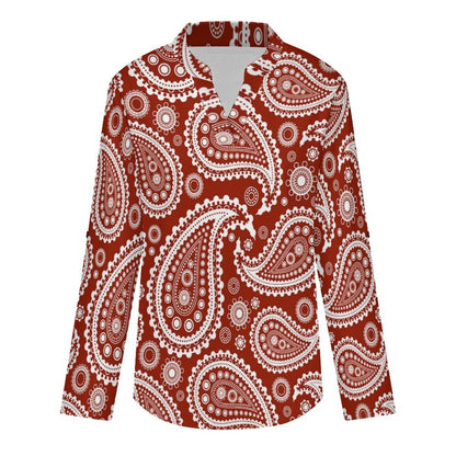 Stand-up Collar Long-sleeved Shirt Paisley  Customization Women’s V-Neck Blouses,long Sleeve,Roll-Up Sleeve Shirt