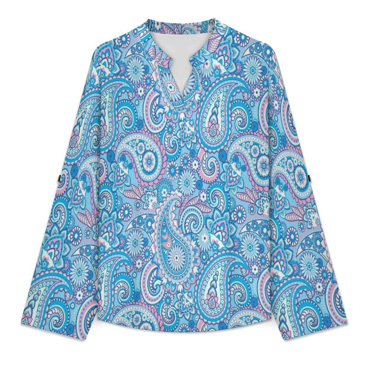 Paisley  Versatile Notched V-Neck Tunic | Roll Tab 3/4 Sleeve Office Casual Top