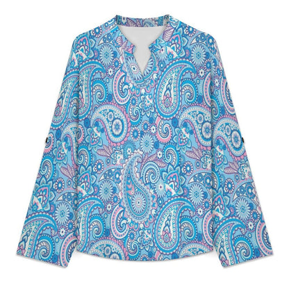 Paisley  Versatile Notched V-Neck Tunic | Roll Tab 3/4 Sleeve Office Casual Top