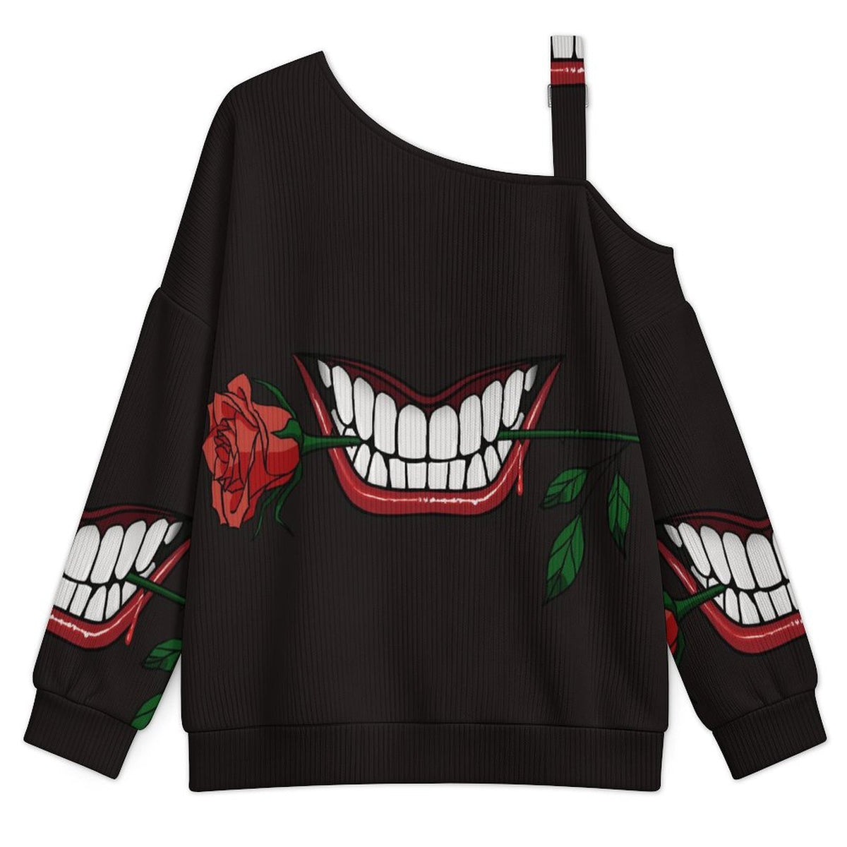 Off-the-shoulder Sweater Mouth Blood Rose Teeth  Asymmetric Cold Shoulder Knit Sweater for Women, Adjustable Buckle Strap Long Sleeve Casual Slouchy Pullover
