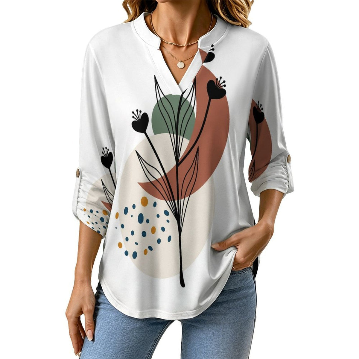 Stand-up Collar Long-sleeved Shirt Chinese Wind Scenery  Customization Women’s V-Neck Blouses,long Sleeve,Roll-Up Sleeve Shirt