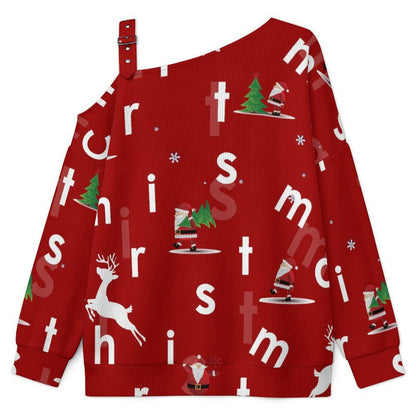 Off-the-shoulder Sweater Christmas, Elk, Happy  Asymmetric Cold Shoulder Knit Sweater for Women, Adjustable Buckle Strap Long Sleeve Casual Slouchy Pullover