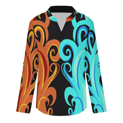 Stand-up Collar Long-sleeved Shirt Flame, Two-color  Customization Women’s V-Neck Blouses,long Sleeve,Roll-Up Sleeve Shirt